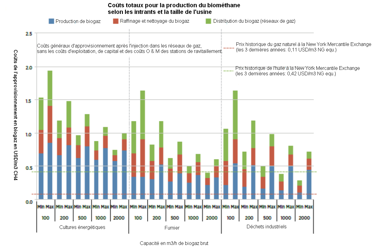 Coûts unité méthanisation - Coûts totaux pour la production du biométhane selon les intrants et la taille de l'industrie